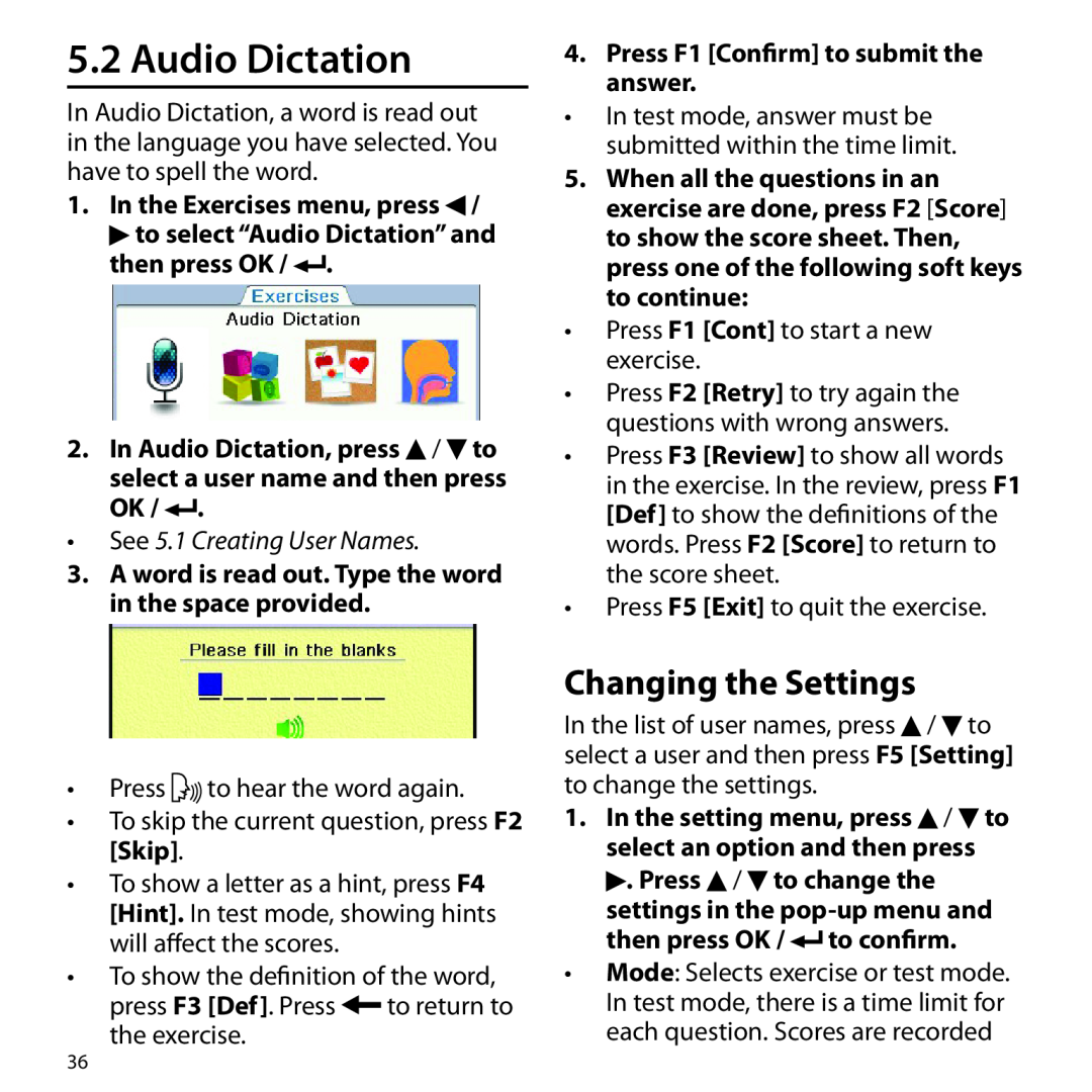 Franklin Gran Maestro Color Speaking Spanish-English Audio Dictation, Changing the Settings, In the Exercises menu, press 