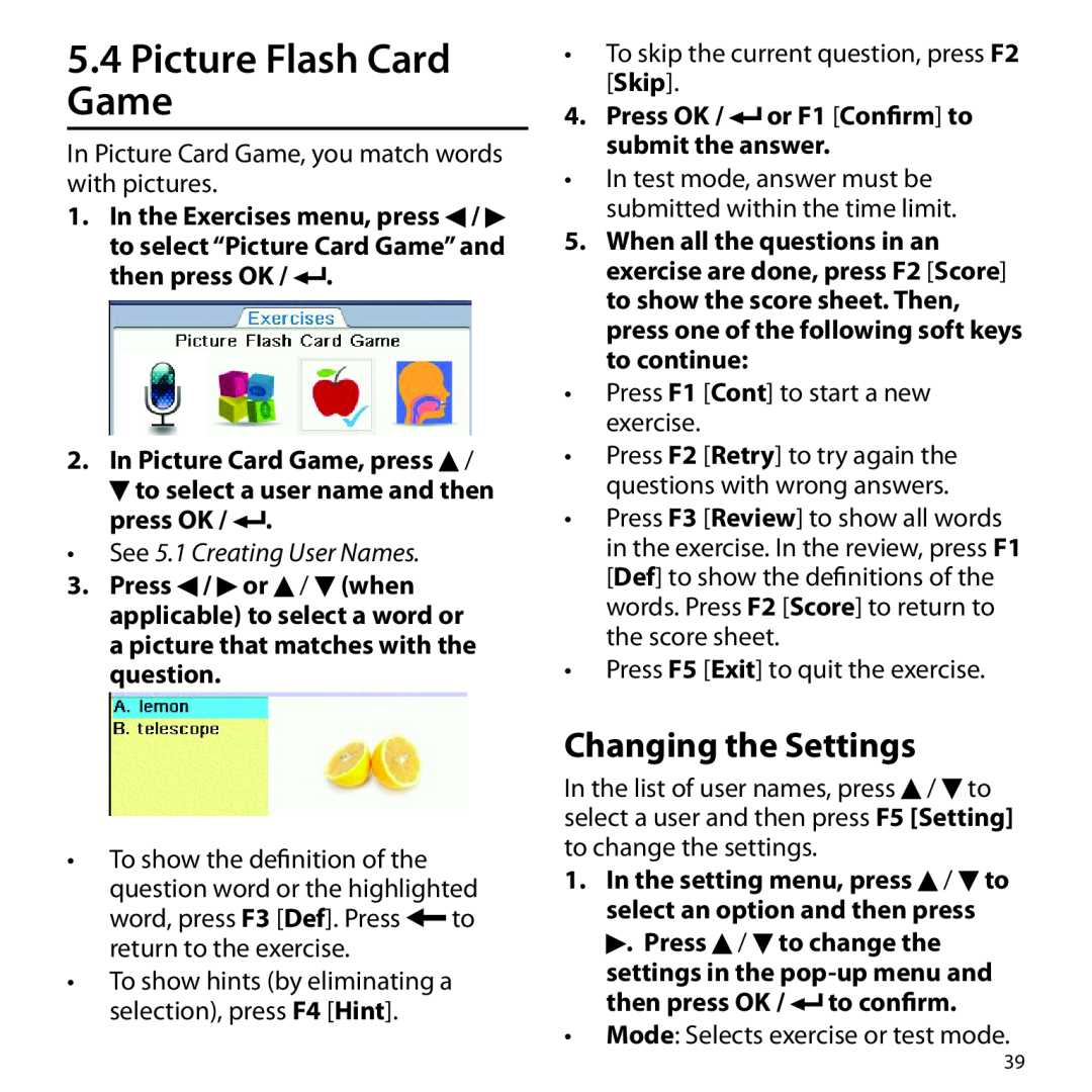 Franklin BSI-6300 manual Picture Flash Card Game, In Picture Card Game, press, to select a user name and then press OK 