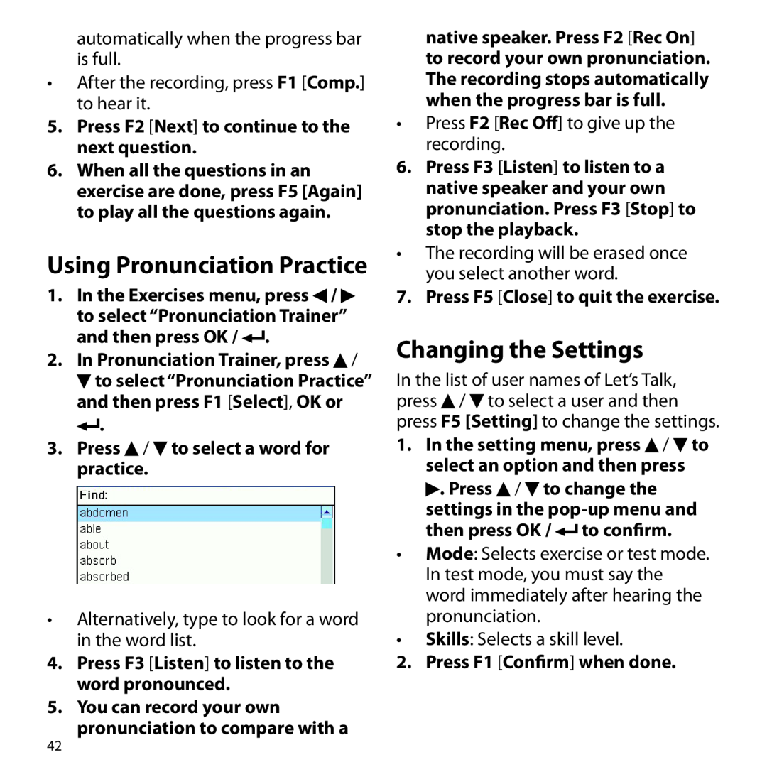 Franklin Gran Maestro Color Speaking Spanish-English manual Using Pronunciation Practice, In Pronunciation Trainer, press 