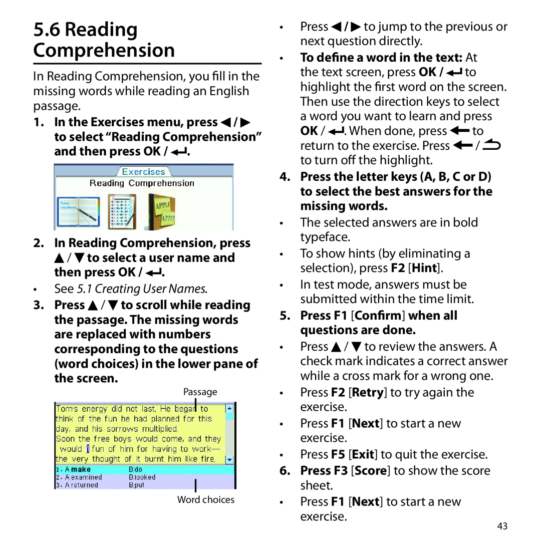 Franklin BSI-6300 manual In Reading Comprehension, press, To define a word in the text At, See 5.1 Creating User Names 