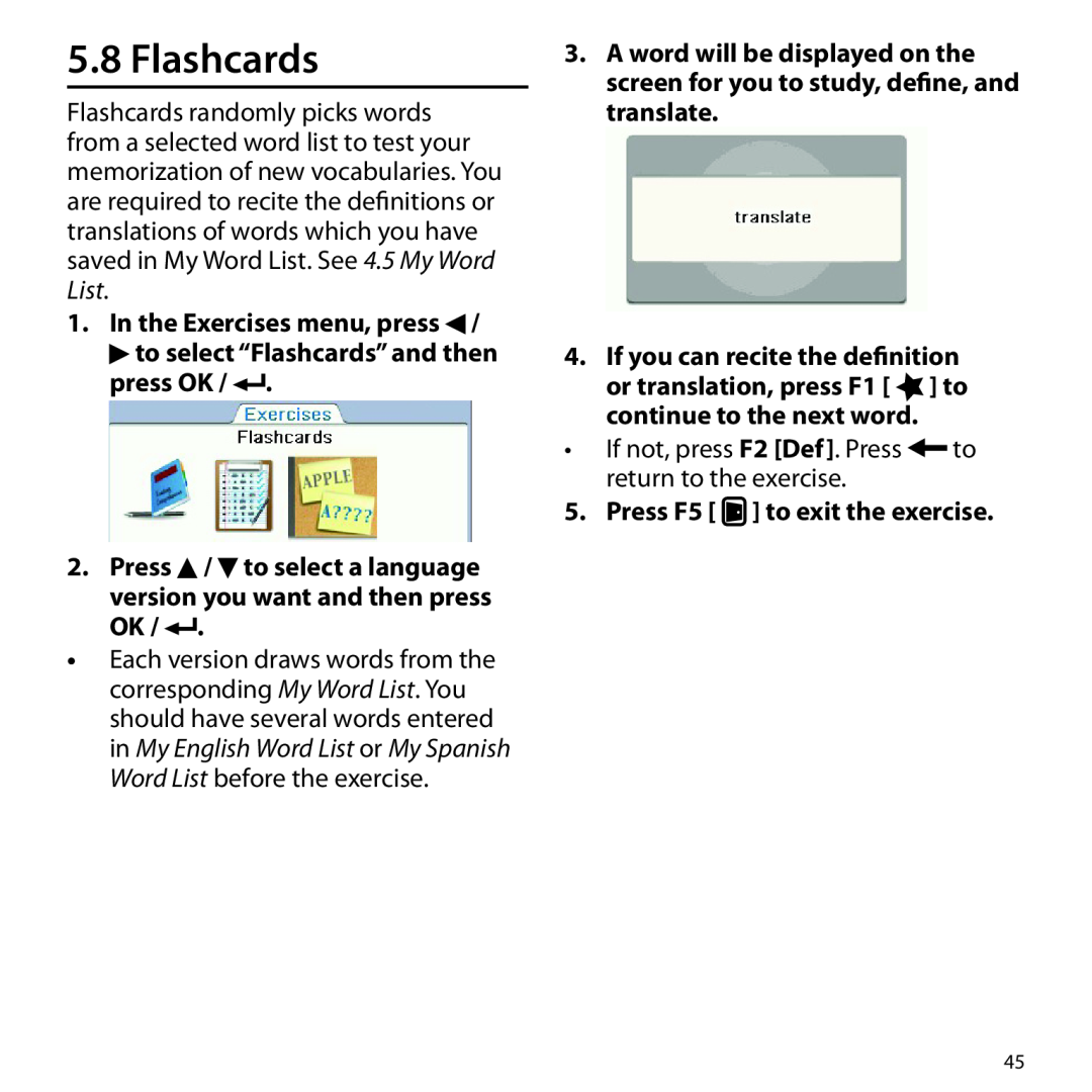 Franklin BSI-6300 manual to select “Flashcards” and then press OK, If you can recite the definition 