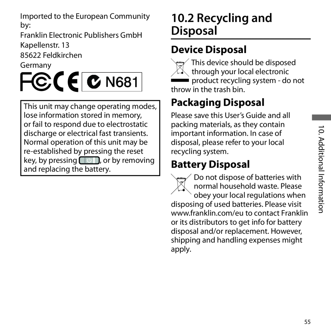 Franklin BSI-6300 manual Recycling and Disposal, Device Disposal, Packaging Disposal, Battery Disposal 