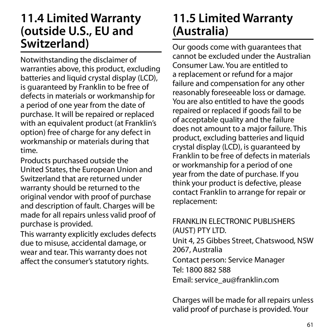 Franklin BSI-6300 manual Limited Warranty Australia, Limited Warranty outside U.S., EU and Switzerland 