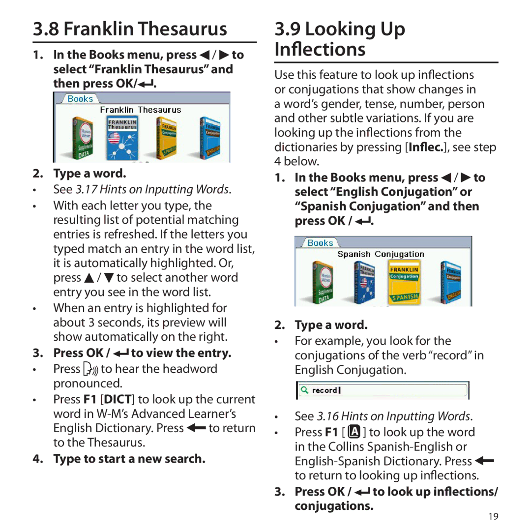 Franklin BSI-6300 manual Franklin Thesaurus, Looking Up Inflections, English Dictionary. Press to return to the Thesaurus 