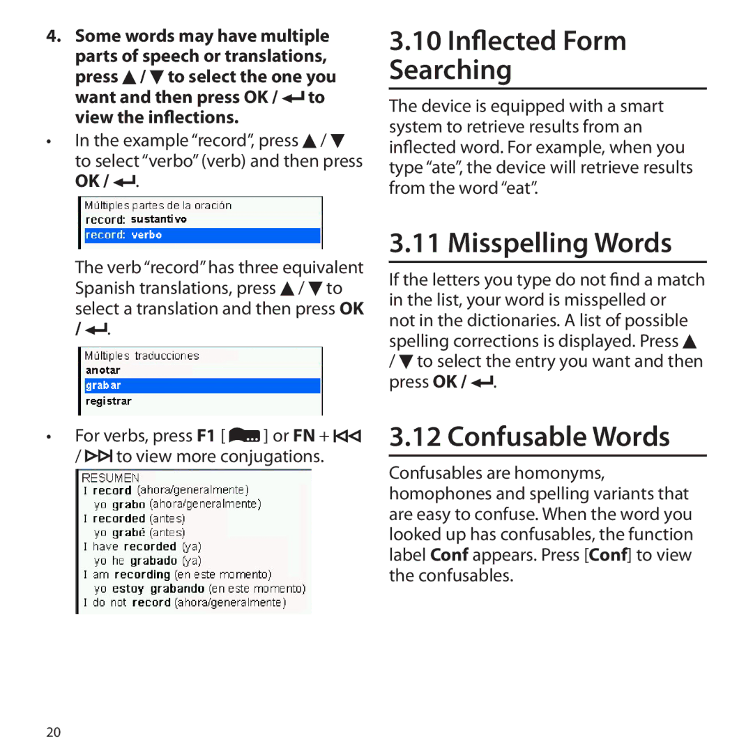 Franklin Gran Maestro Color Speaking Spanish-English manual Inflected Form Searching, Misspelling Words, Confusable Words 