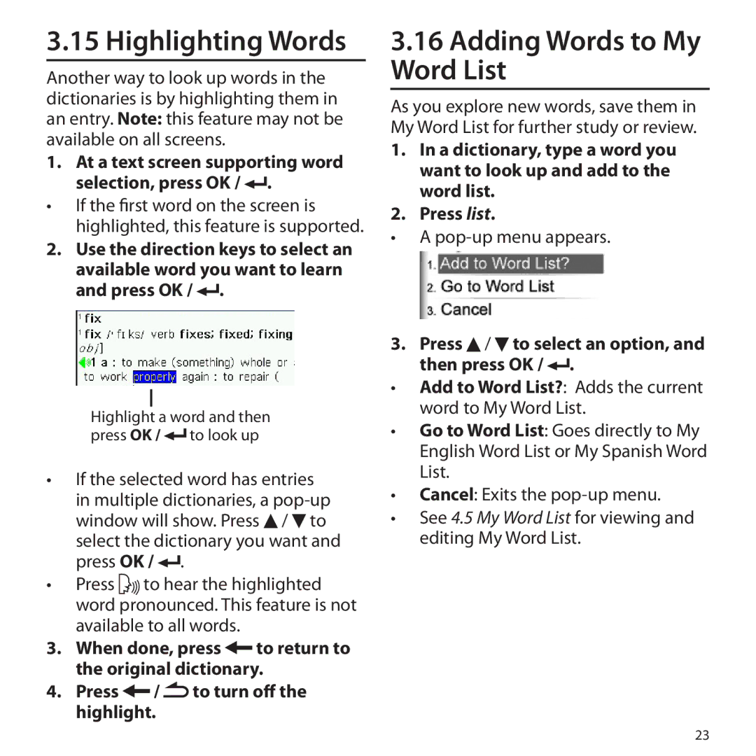 Franklin BSI-6300 Highlighting Words, Adding Words to My Word List, At a text screen supporting word selection, press OK 