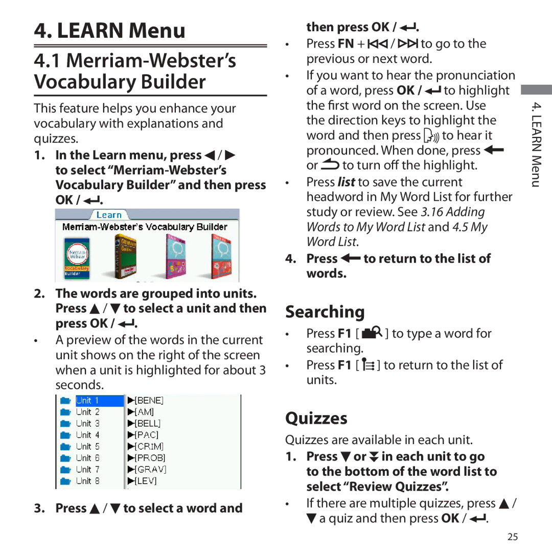 Franklin BSI-6300 manual Learn Menu, Merriam-Webster’s Vocabulary Builder, Searching, Quizzes 