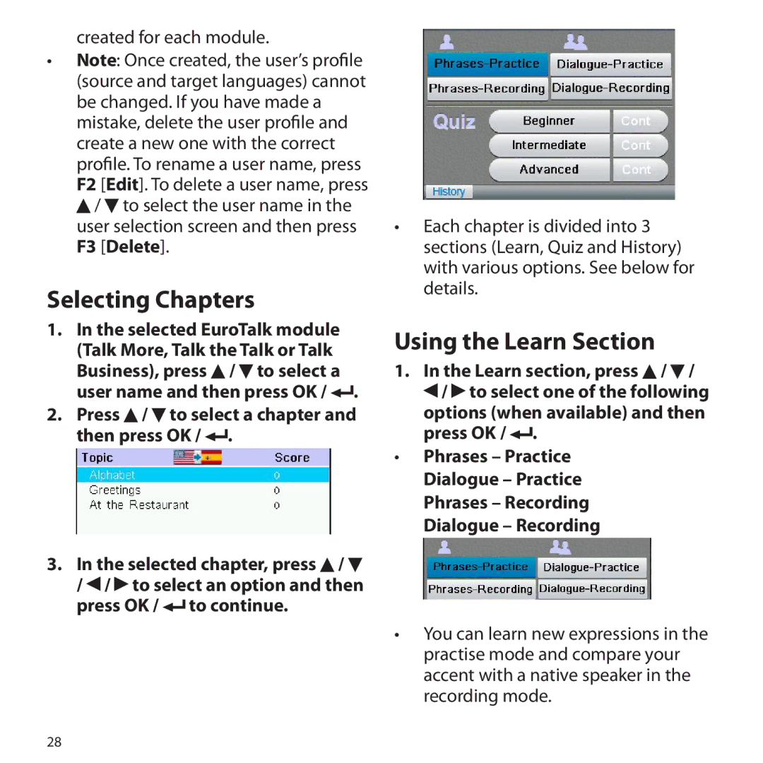 Franklin Gran Maestro Color Speaking Spanish-English Selecting Chapters, Using the Learn Section, Created for each module 