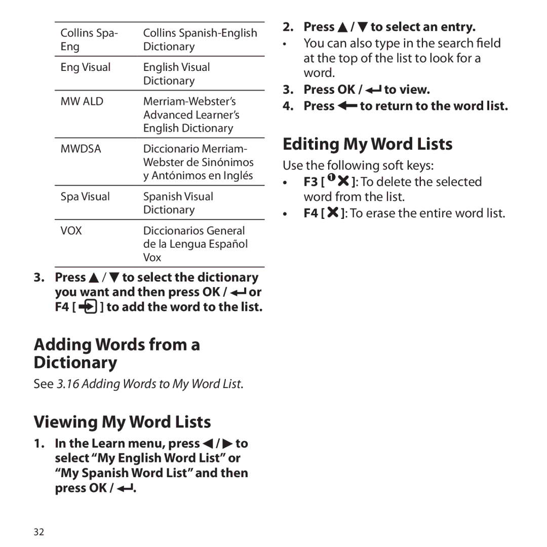 Franklin Gran Maestro Color Speaking Spanish-English, BSI-6300 manual Adding Words from a Dictionary, Viewing My Word Lists 