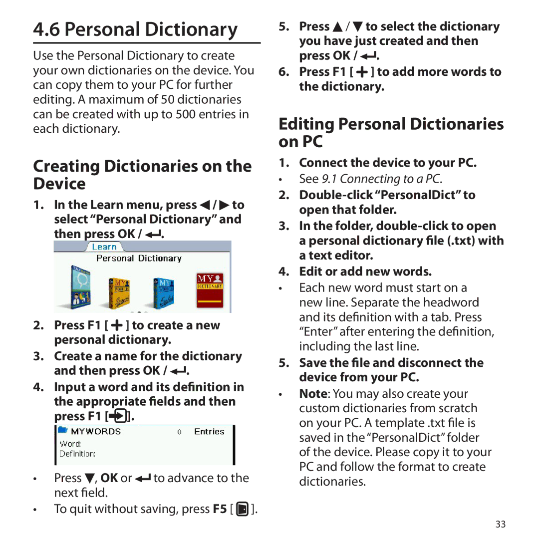 Franklin BSI-6300 manual Personal Dictionary, Creating Dictionaries on the Device, Editing Personal Dictionaries on PC 