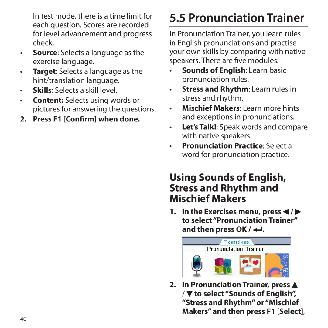 Franklin Gran Maestro Color Speaking Spanish-English, BSI-6300 manual Pronunciation Trainer 