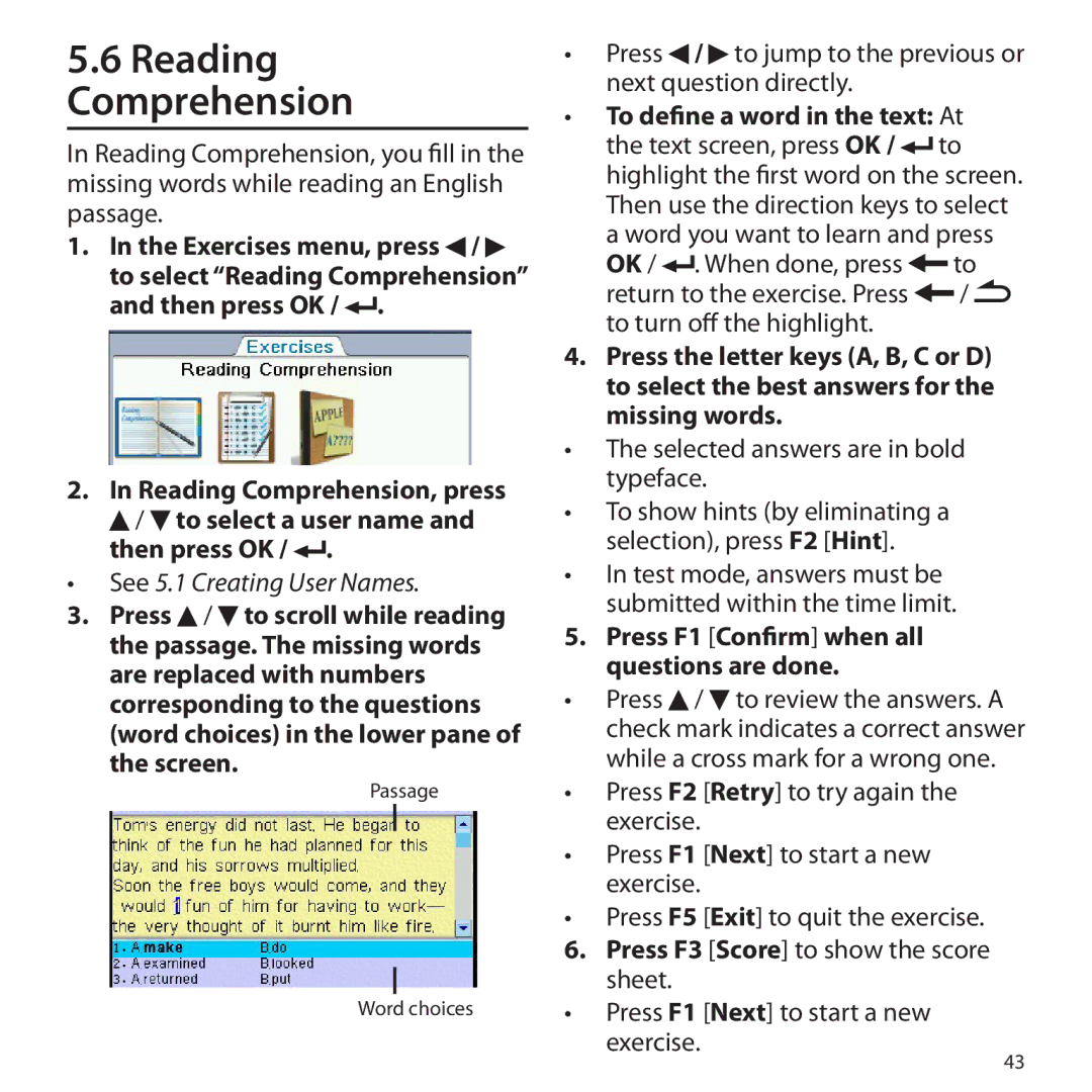 Franklin BSI-6300 Reading Comprehension, To define a word in the text At, Press F1 Confirm when all questions are done 