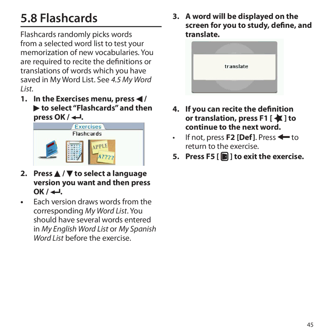 Franklin BSI-6300 manual Flashcards, If not, press F2 Def. Press to return to the exercise, Press F5 to exit the exercise 