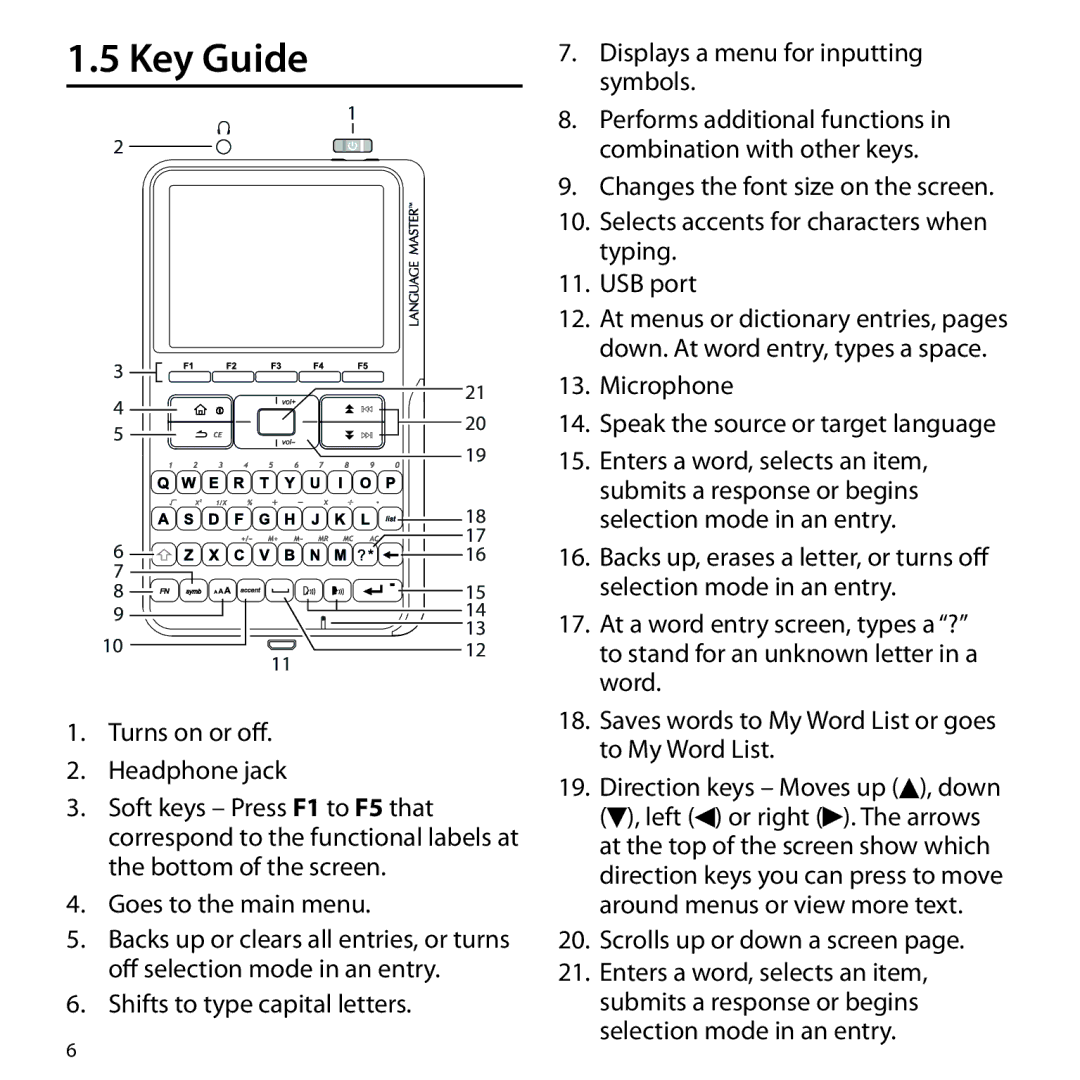 Franklin Gran Maestro Color Speaking Spanish-English, BSI-6300 Key Guide, Microphone Speak the source or target language 