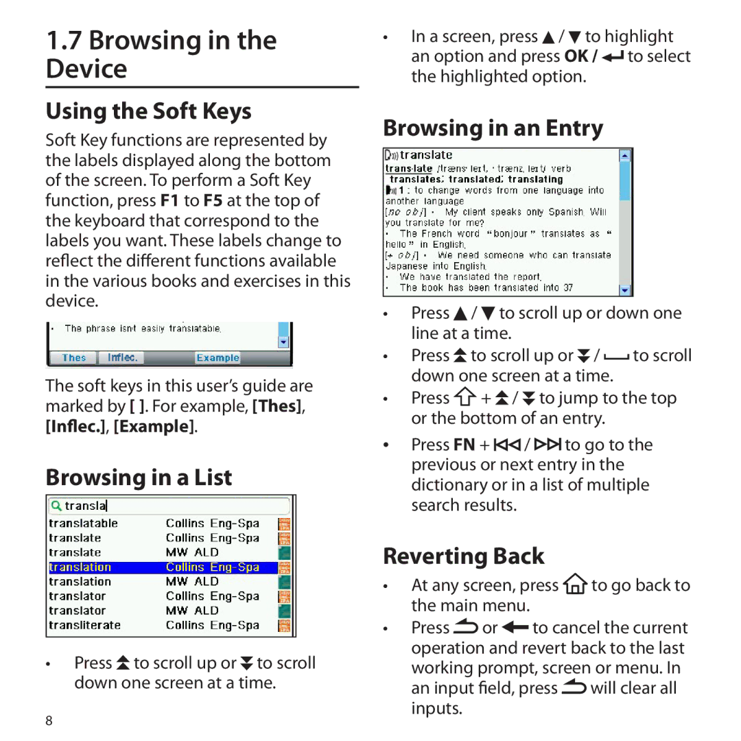 Franklin Gran Maestro Color Speaking Spanish-English manual Browsing in the Device, Using the Soft Keys, Browsing in a List 