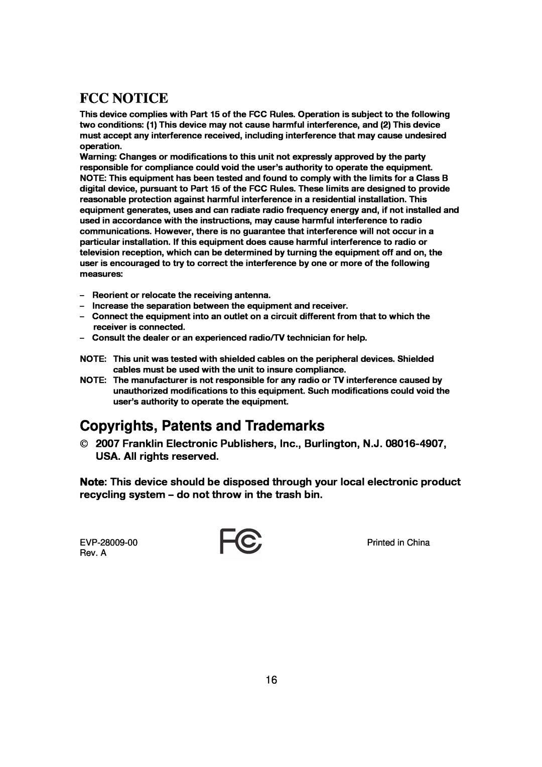Franklin CBC-100 manual Fcc Notice, Copyrights, Patents and Trademarks 