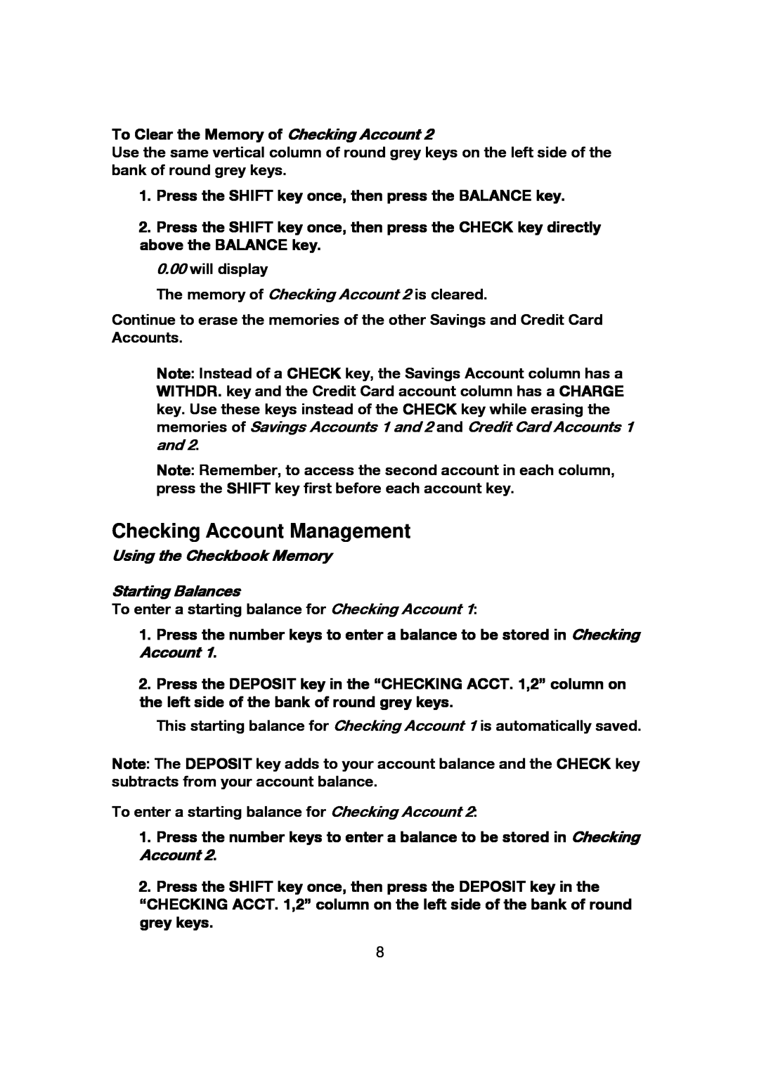 Franklin CBC-100 manual Checking Account Management, Using the Checkbook Memory Starting Balances 