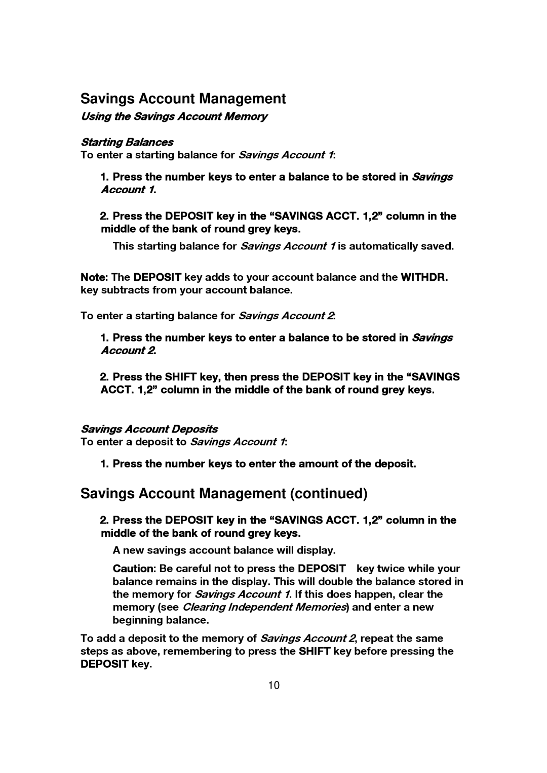 Franklin CBC-100 Savings Account Management, Using the Savings Account Memory Starting Balances, Savings Account Deposits 