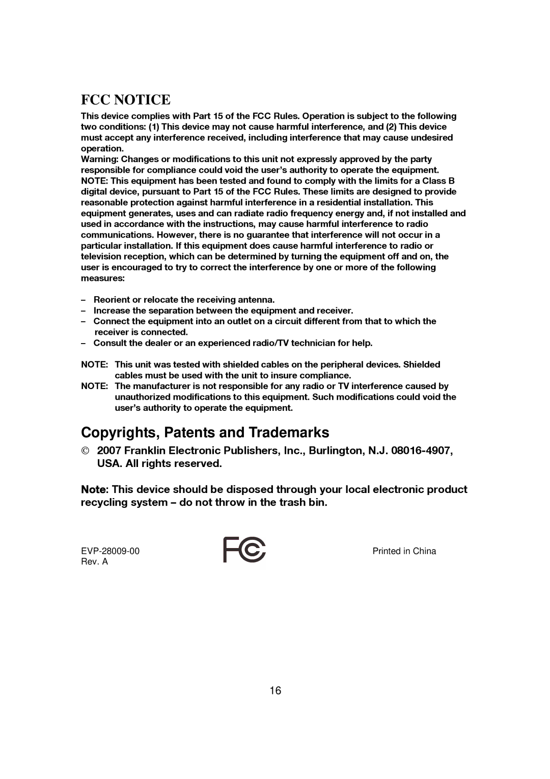 Franklin CBC-100 manual FCC Notice, Copyrights, Patents and Trademarks 