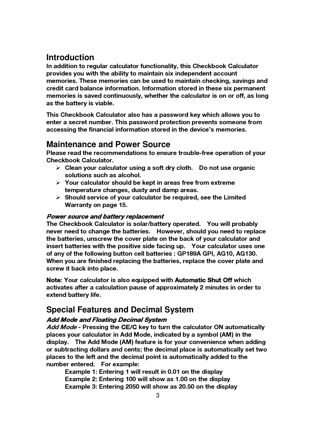 Franklin CBC-100 manual Introduction, Maintenance and Power Source, Special Features and Decimal System 