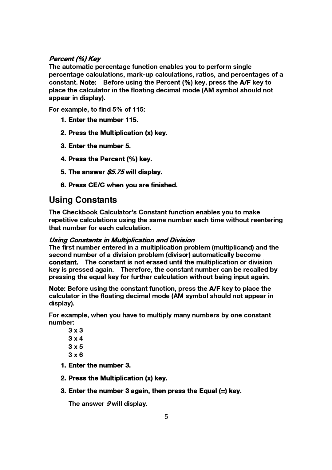 Franklin CBC-100 manual Percent % Key, Using Constants in Multiplication and Division 