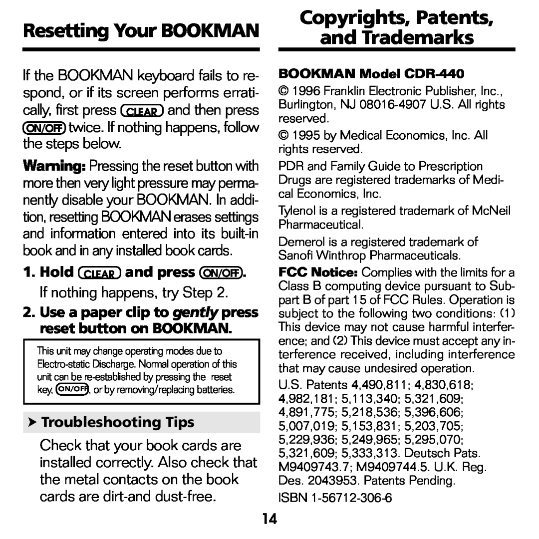 Franklin CDR-2041 Resetting Your BOOKMAN, Copyrights, Patents and Trademarks, Troubleshooting Tips, BOOKMAN Model CDR-440 