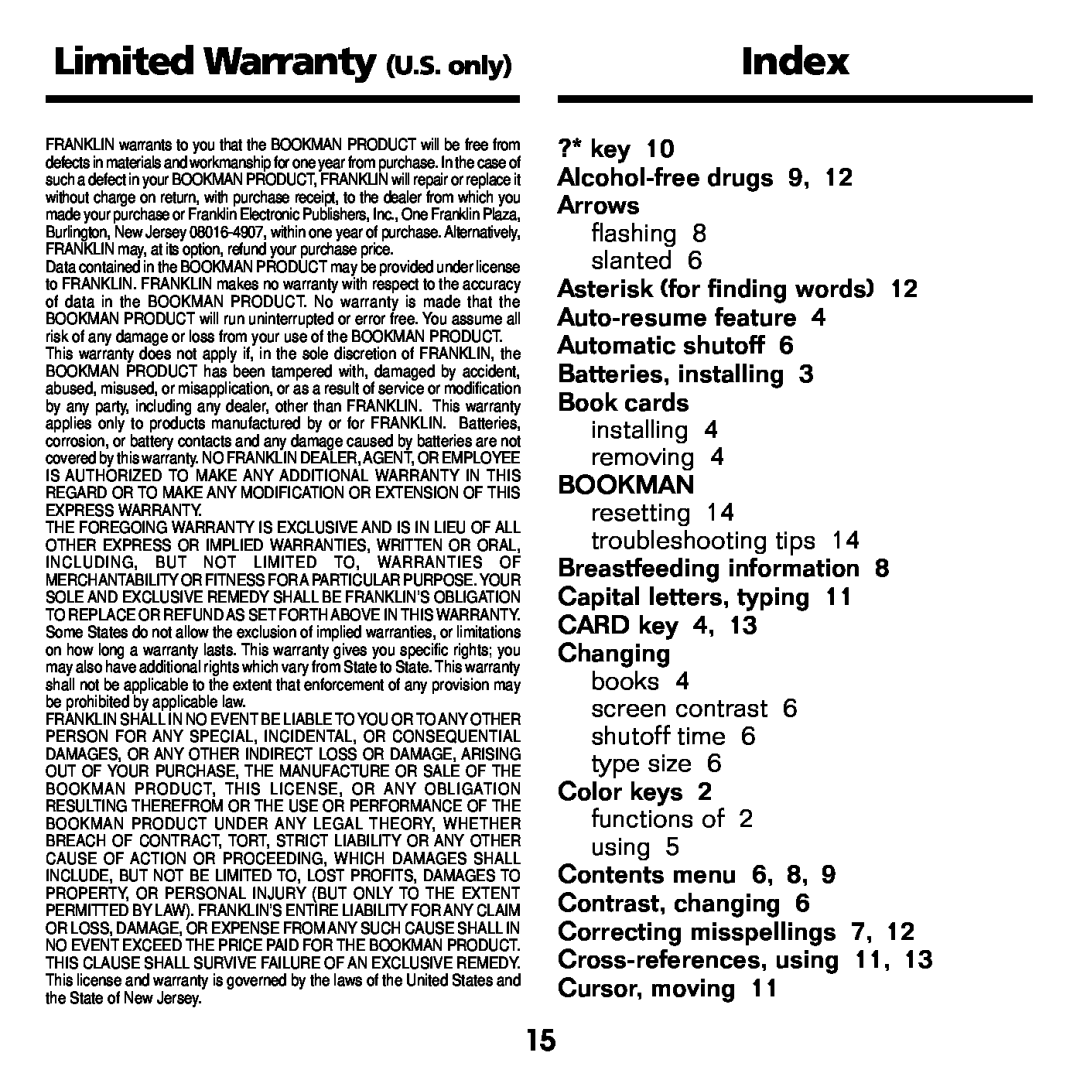 Franklin CDR-2041 manual Limited Warranty U.S. only, Index, ?* key 10 Alcohol-free drugs 9, 12 Arrows flashing 8 slanted 