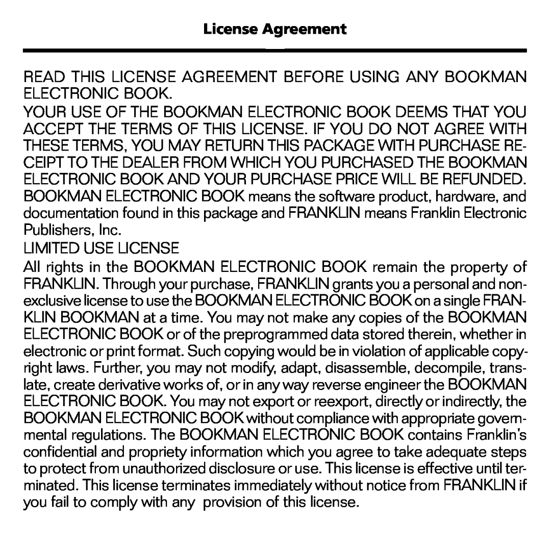 Franklin CDR-2041 manual Read This License Agreement Before Using Any Bookman Electronic Book, Limited Use License 