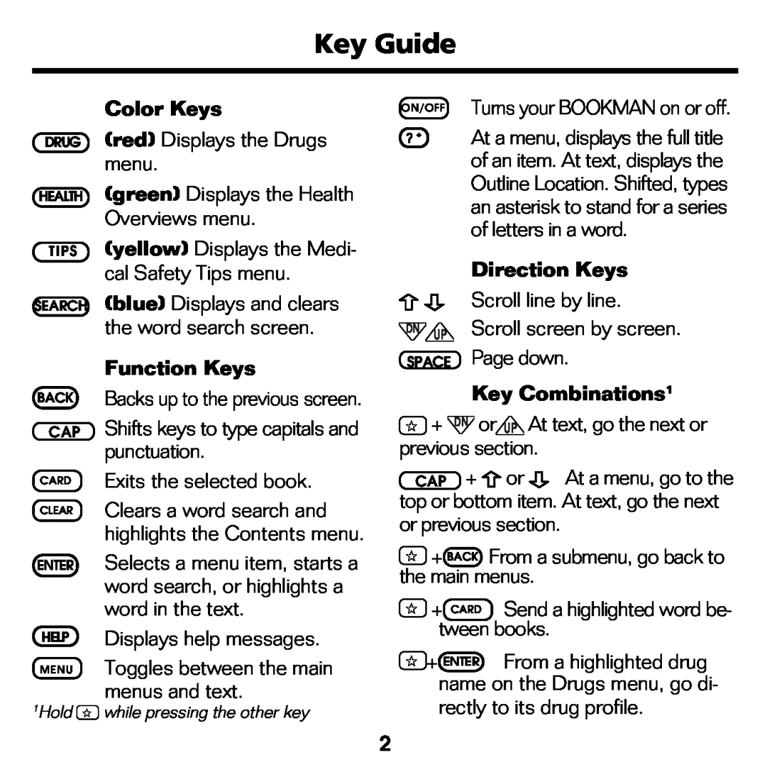 Franklin CDR-2041 manual Key Guide, Color Keys, Function Keys, Direction Keys, Key Combinations1 