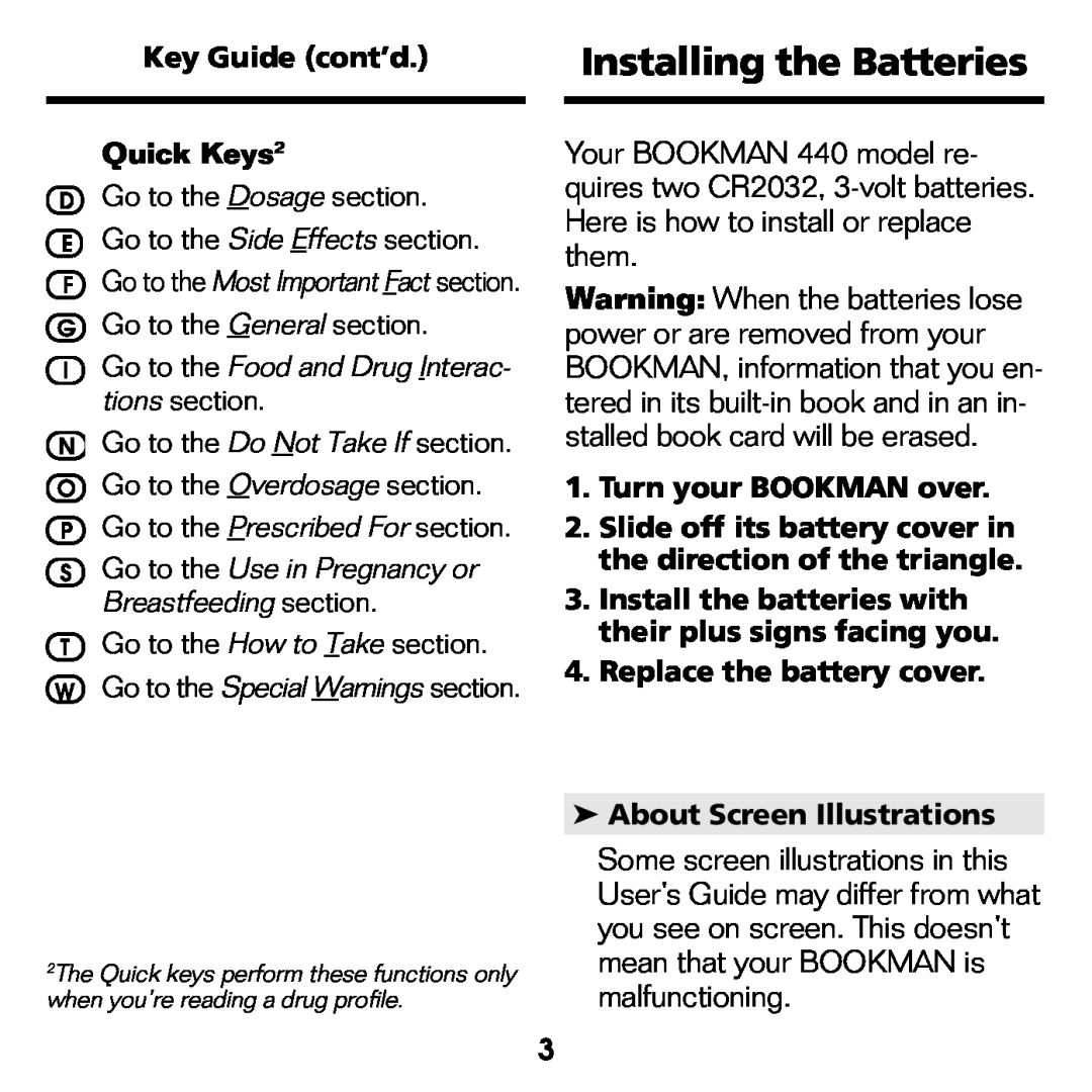 Franklin CDR-2041 manual Installing the Batteries, Key Guide cont’d Quick Keys2, Turn your BOOKMAN over 