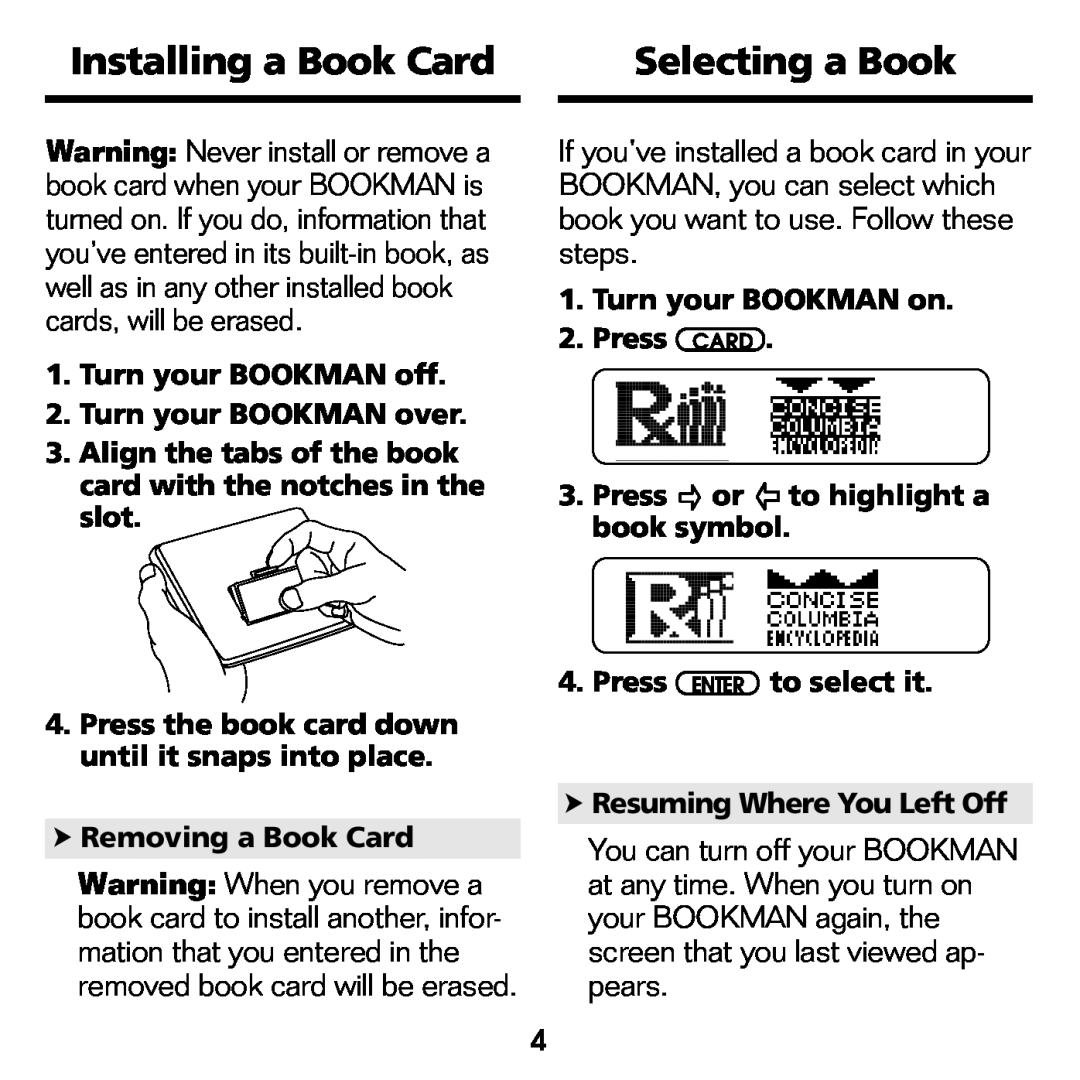 Franklin CDR-2041 manual Installing a Book Card, Selecting a Book 