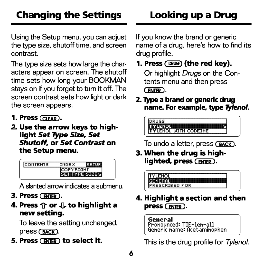Franklin CDR-2041 manual Changing the Settings, Looking up a Drug, To leave the setting unchanged, press BACK 