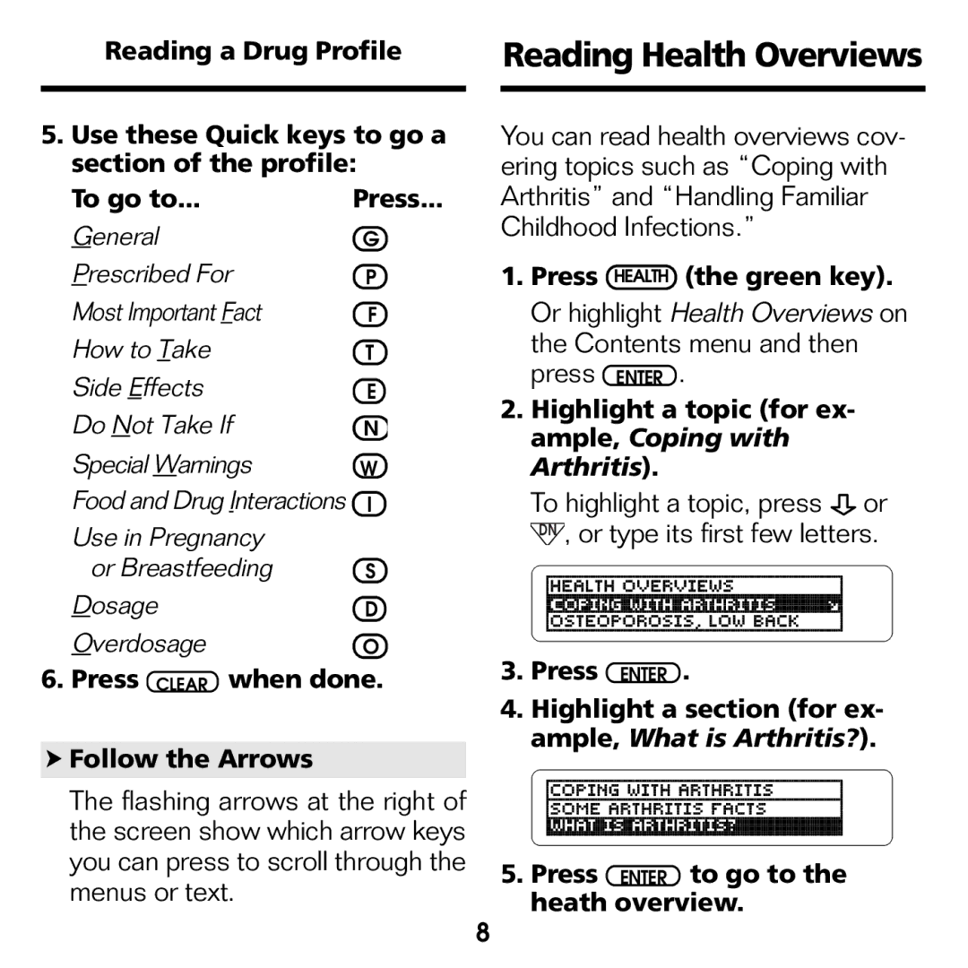 Franklin CDR-2041 manual Reading Health Overviews, Press Clear when done Follow the Arrows, Press Health the green key 