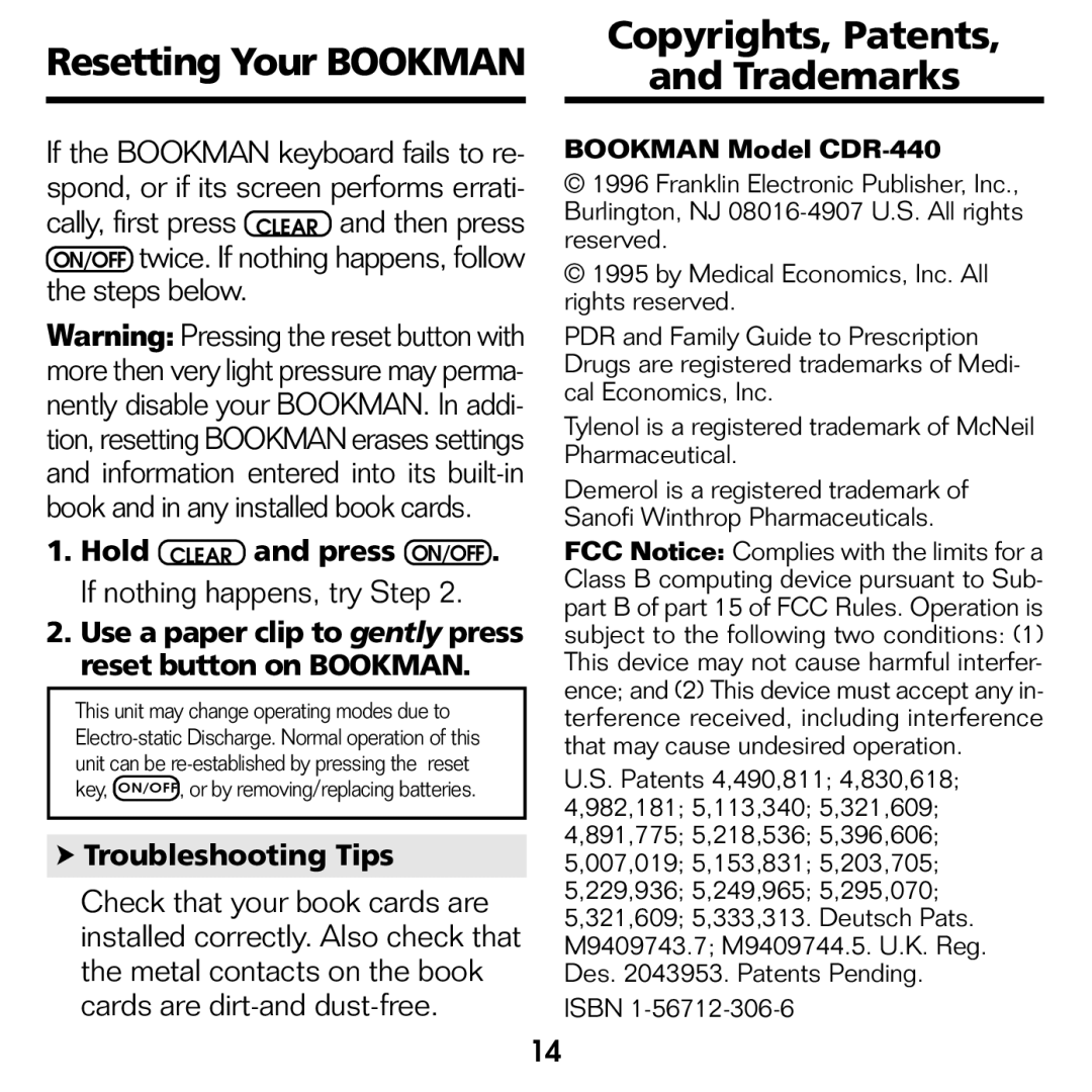 Franklin CDR-2041 manual Resetting Your Bookman, Copyrights, Patents Trademarks, Troubleshooting Tips 