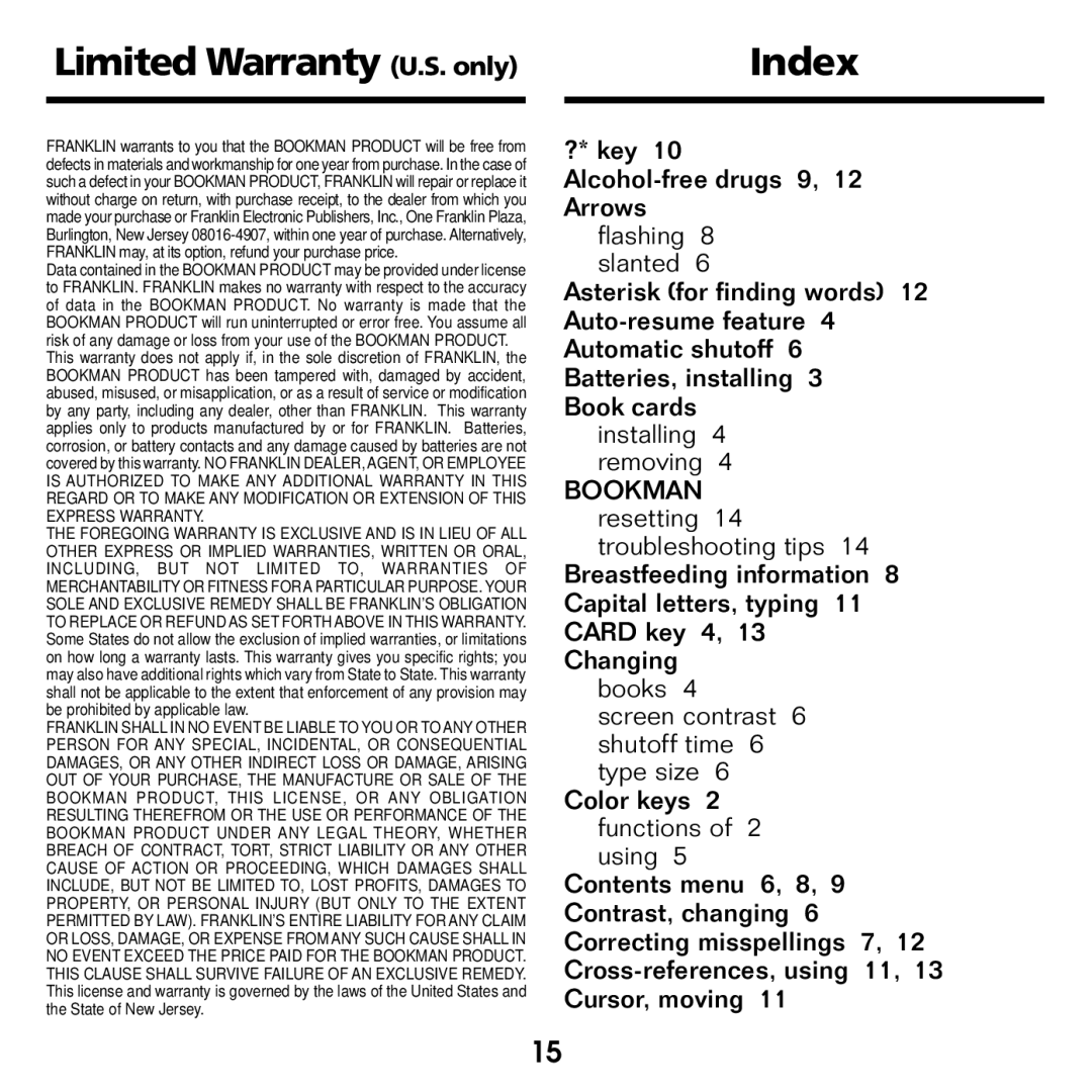 Franklin CDR-2041 manual Limited Warranty U.S. only Index 