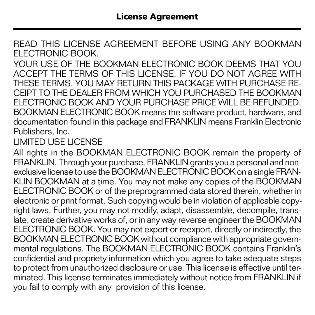 Franklin CDR-2041 manual Limited USE License, License Agreement 