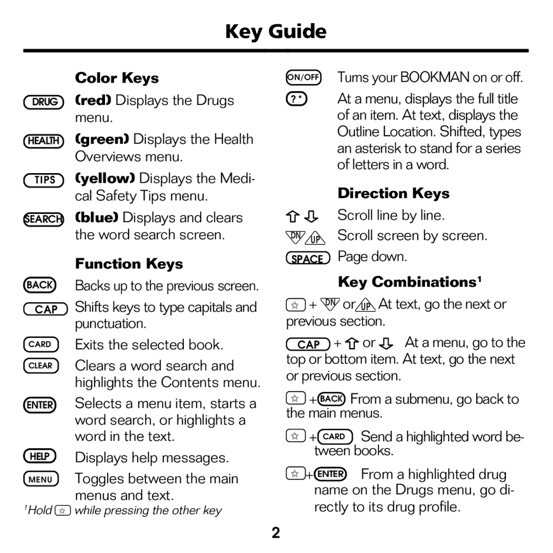 Franklin CDR-2041 manual Key Guide, Color Keys, Function Keys, Direction Keys, Key Combinations1 