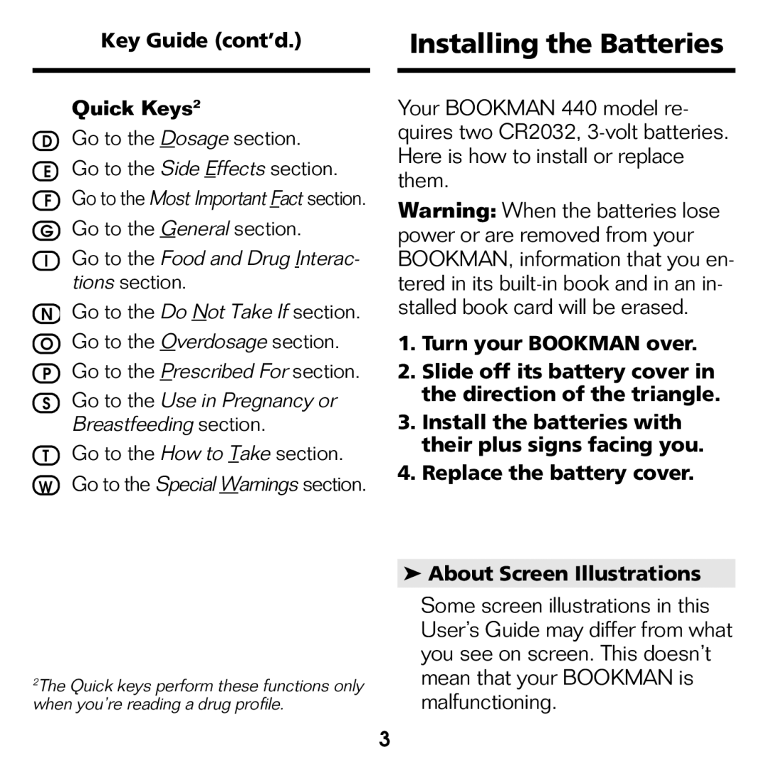 Franklin CDR-2041 manual Installing the Batteries, Key Guide cont’d Quick Keys2 