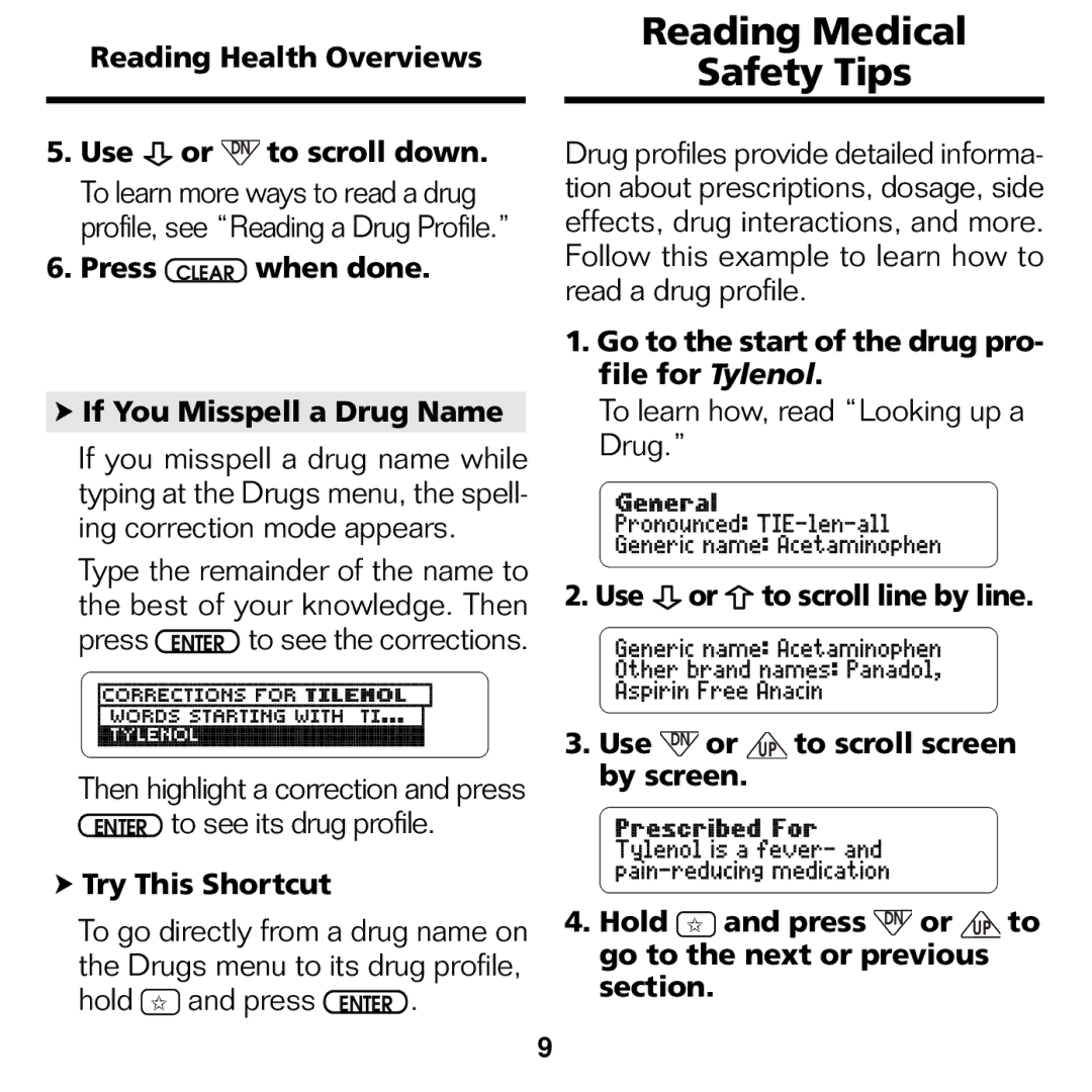 Franklin CDR-440 manual Reading Medical Safety Tips, To learn how, read Looking up a Drug 