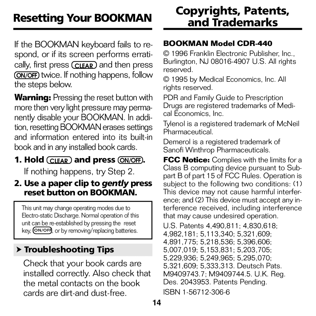 Franklin CDR-440 manual Resetting Your Bookman, Copyrights, Patents Trademarks, Troubleshooting Tips 