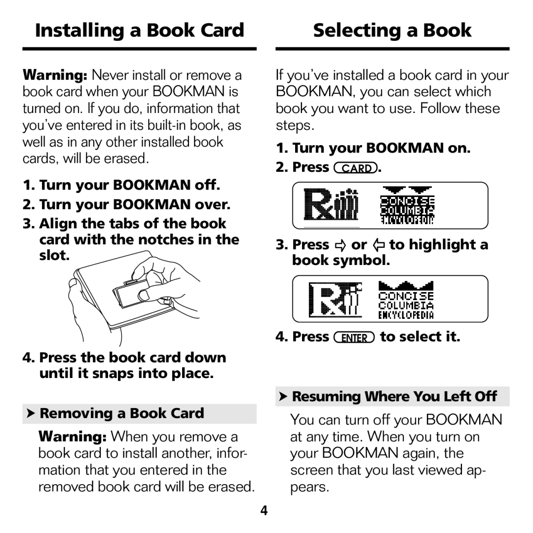 Franklin CDR-440 manual Installing a Book Card, Selecting a Book 