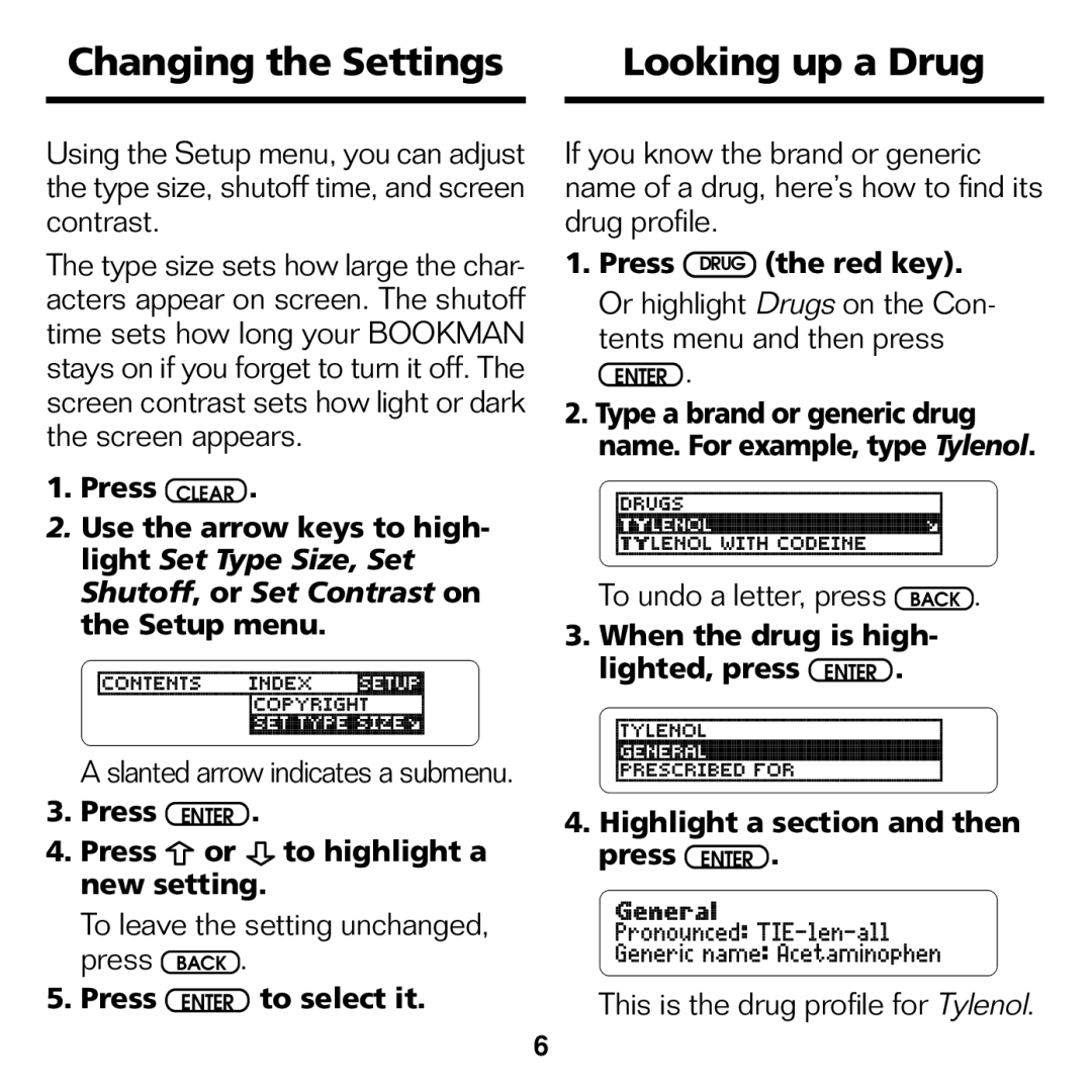 Franklin CDR-440 manual Changing the Settings Looking up a Drug, To leave the setting unchanged, press Back 