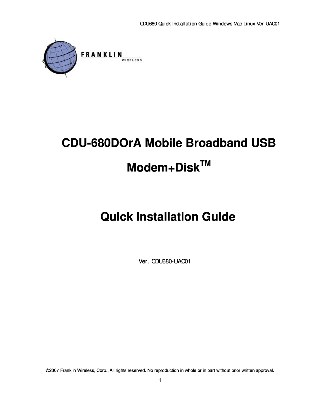 Franklin manual CDU-680DOrA Mobile Broadband USB Modem+DiskTM, Quick Installation Guide, Ver. CDU680-UAC01 