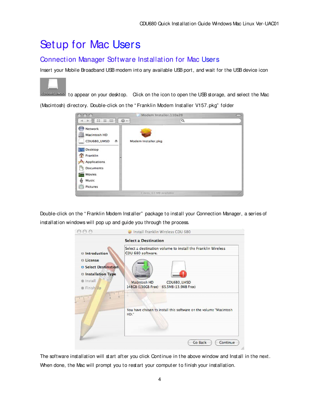 Franklin CDU-680DOrA manual Setup for Mac Users, Connection Manager Software Installation for Mac Users 