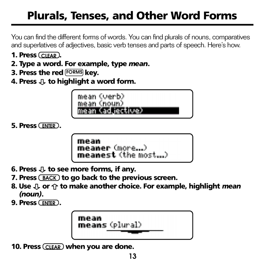 Franklin CED-2031 manual Plurals, Tenses, and Other Word Forms 