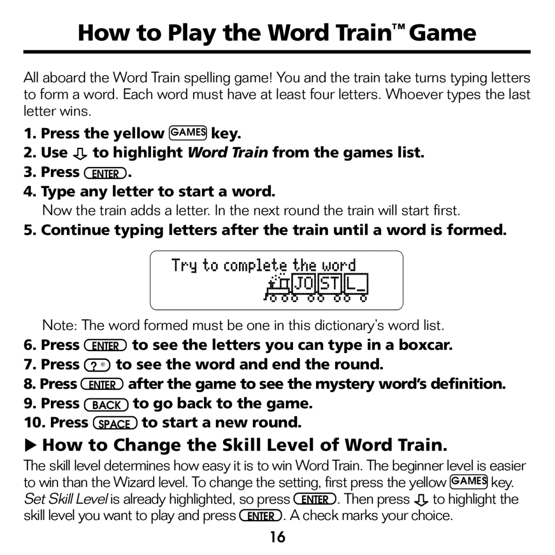 Franklin CED-2031 manual How to Play the Word Train Game, How to Change the Skill Level of Word Train 