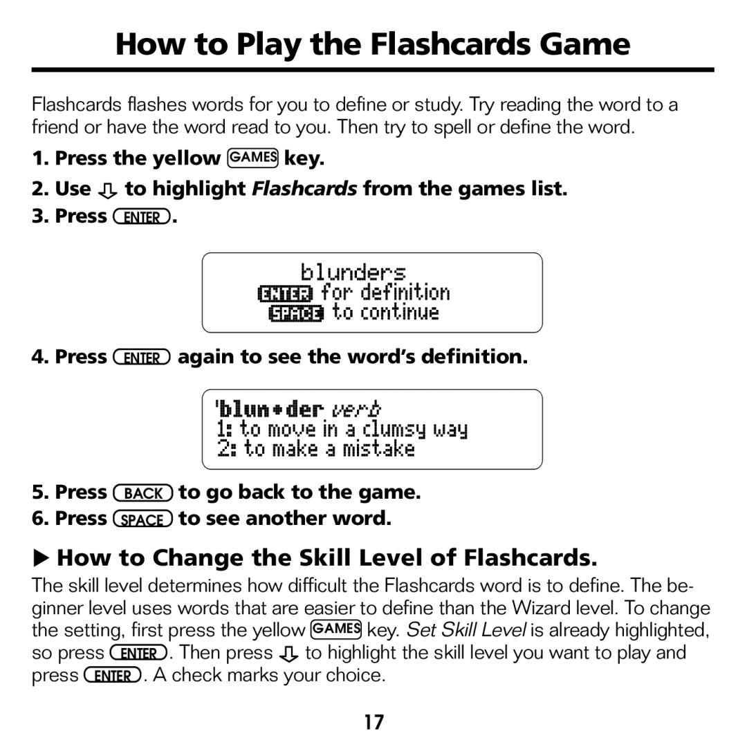 Franklin CED-2031 manual How to Play the Flashcards Game, How to Change the Skill Level of Flashcards 