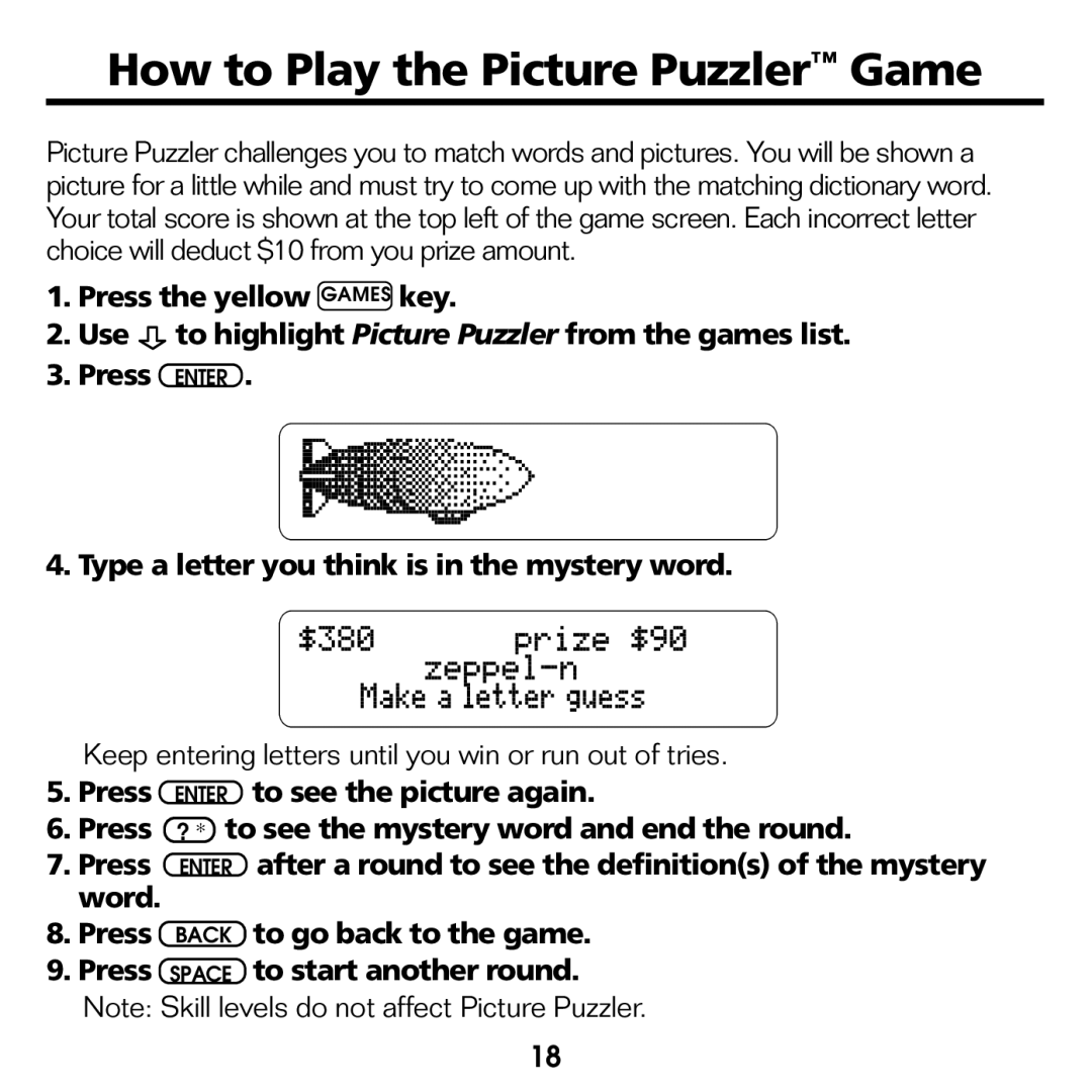 Franklin CED-2031 manual How to Play the Picture Puzzler Game 