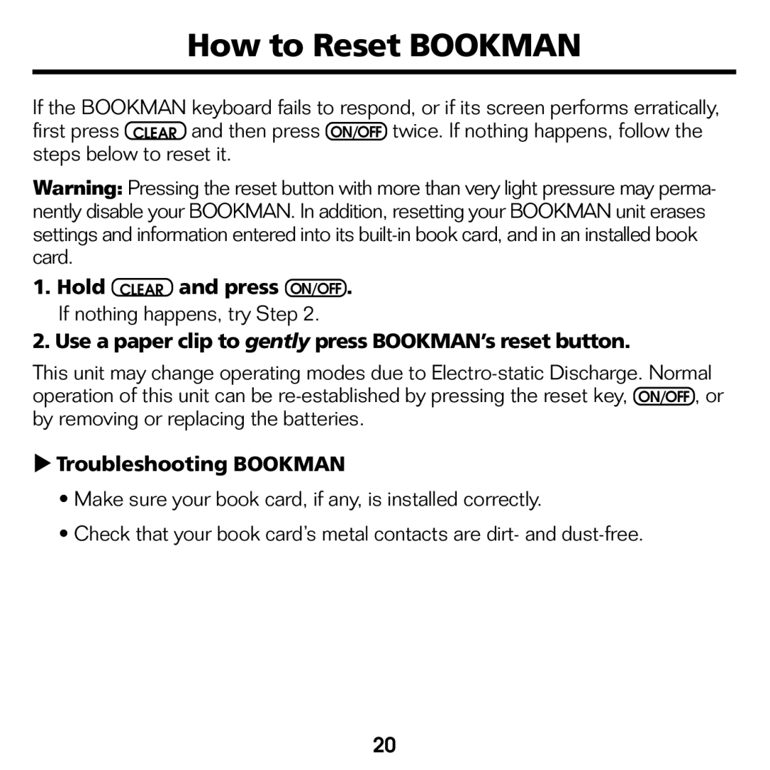 Franklin CED-2031 manual How to Reset Bookman, Troubleshooting Bookman 