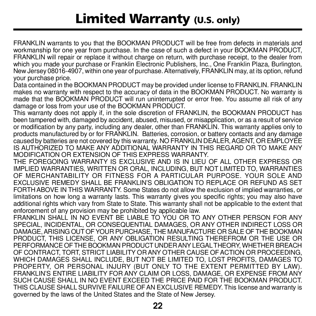 Franklin CED-2031 manual Limited Warranty U.S. only 